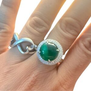 Hollywood Regency Emerald Green & Diamante 925 Sterling Silver Dome Ring, 7.5